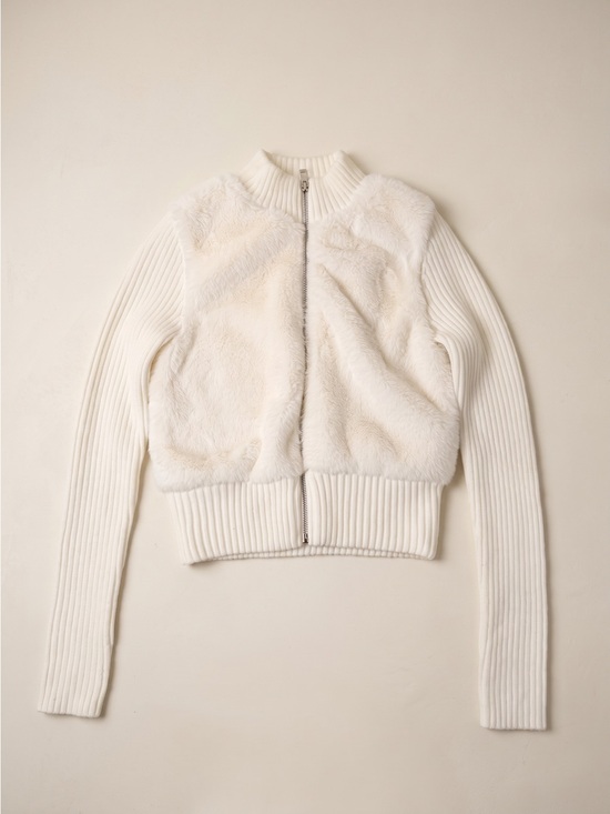 Hazel Moon Jackets & Blazers - Cream Faux-Fur Knit Bomber Jacket